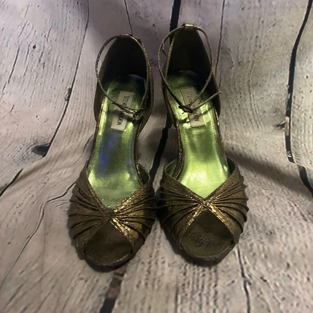 Y2K VTG Steve Madden Throb‎ Metallic Bronze Snake Print Wavy Wedges Sz 7.5 AS IS